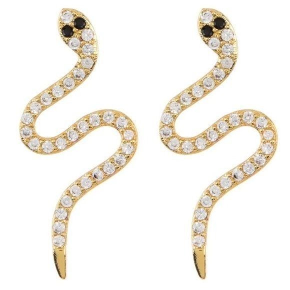 Adorna 14K Gold Plated Sterling Silver Swarovski Crystal Snake Stud Earrings - Picture 1 of 2